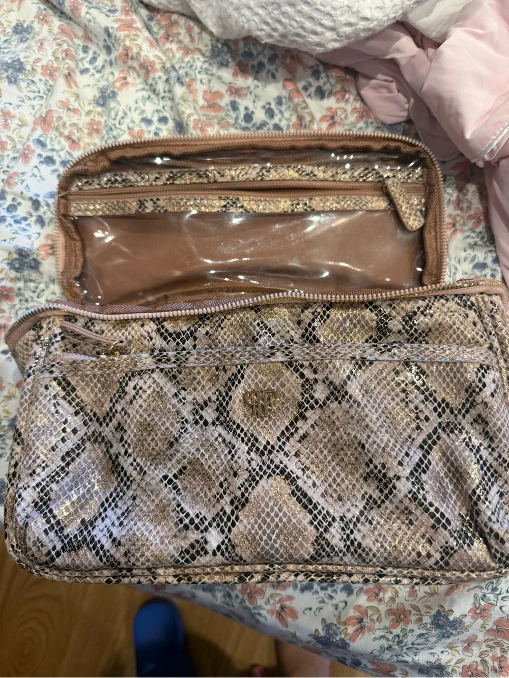 Purse metallic Python-Print Travel Case Vanity Bag - Taupe